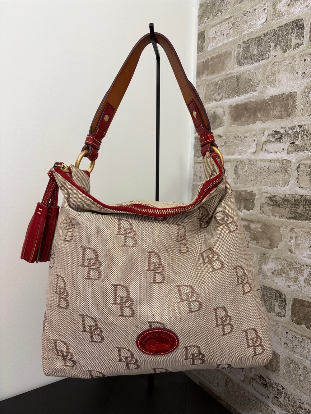 Dooney & Bourke Beige Logo Shoulder Bag with Red Trim